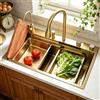 DSMRLEOP Lavello da cucina, 1 bacino dorato, con rubinetto estraibile, lavabi in vetro e tutti gli accessori, lavello da cucina in acciaio inox, rettangolare, intelligente a cascata (85 x 50 cm)
