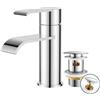 FORIOUS Rubinetto da bagno cromato, miscelatore monocomando con altezza | Rubinetto per lavabo di alta qualità con piletta di scarico, moderno rubinetto per lavabo per bagno, risparmio energetico e
