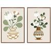 DRW Set di 2 Quadri su Tela con vasi e Fiori e con Parte Dipinta a Mano in Bianco, Marrone e Verde, 3,5 x 40 x 60 cm
