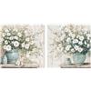 DRW Set di 2 quadri su tela con vasi e fiori dipinti a mano in bianco, blu e verde, 3 x 60 x 60 cm