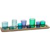 Creative Co-op - Vassoio in Legno con 9 portacandele in Vetro Blu e Verde