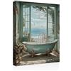 Galmcook Quadro su tela con cornice, elegante quadro da bagno con vasca e vista mare, stampa artistica su tela, per bagno o ospiti, WC con ganci e senza tracce chiodi, 30 x 40 cm