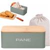 KOOK TIME Porta Pane da Cucina in Metallo con Coperchio in Bambù, Verde Salvia Opaco | Portapane moderno con ventilazione, contenitore per biscotti, sacchetto in cotone incluso, 34x19 cm