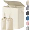 Lifewit Cesto Portabiancheria 2 Scomparti con Coperchio e Sacchi Rimovibili, Grande Cesto Panni Sporchi Pieghevole, Laundry Basket con Manici per Camera e Bagno, 136L, Bianco