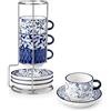 vancasso SELENE - Tazze da Caffè e Cappuccino con Piattino y Porta - 4 x 150 ml - Tazze da Colazione in Porcellana per Latte e Tè, Adatto a Lavastoviglie e Microonde - Vintage in Blu e Bianco