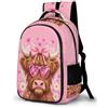 WECECE Zaini Highland Cattle Pink Bambini 10 Anni Zaino per Computer Bull Bambina Elementare Zainetto per Studenti Leggero Durable Viaggio Uso Quotidiano Backpack