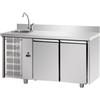 Tavolo Refrigerato 2 porte, con lavello sinistro e alzatina. 310 Lt. -2°/+8°C. - Cm. 142x70x85H. *MOTORE A SINISTRA*