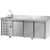 Tavolo Refrigerato 3 porte,con lavello a sinistra e alzatina. 460 Lt. Acciaio inox. -2°/+8°C. - Cm. 187x70x85H.