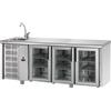 Tavolo Refrigerato 3 porte in vetro, con lavello a sinistra. 460 Lt. Acciaio inox. -2°/+8°C. - Cm. 187x70x85H.