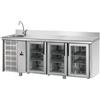 Tavolo Refrigerato 3 porte in vetro, con lavello a sinistra e alzatina. 460 Lt. Acciaio inox. -2°/+8°C. - Cm. 187x70x85H.