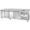 Tavolo Refrigerato 4 porte, con alzatina e lavello cm. 40x40. 553 Lt. Acciaio inox. -2°/+8°C. Cm. 250x70x85H.