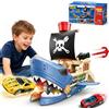 Sonnenspark Squalo nave pirata 4 in 1, auto con 8 auto | Auto da corsa con due piste, cannoni pirati, parcheggio, regalo per bambini dai 3 anni in su
