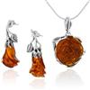 AMBEDORA Parure di Gioielli da Donna Ambra 060, Argento Sterling Ossidato, Rose D'ambra Intagliate a Mano di Colore Cognac, Ciondolo D'argento su Catena e Orecchini