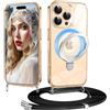 Olgary Magnetica Cover per iPhone 16 Pro MAX con Cordino Laccio,Trasparente | Compatibile con Magsafe, Ultra Sottile Silicone TPU Antiurto Custodia con Anello Supporto Protettiva Case con Corda Tracolla