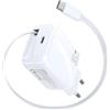 TOPADRE Caricabatterie USB-C 30W, caricabatterie rapido con cavo di ricarica retrattile, connettore di ricarica GaN, adattatore di alimentazione USBC a doppia porta per iPhone 17/16/15, Galaxy S25/S24, bianco