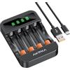 AKTTKA Caricabatterie intelligente per batterie ricaricabili Ni‑MH AA AAA, caricabatterie rapido indipendente a 4 alloggiamenti con ingresso USB Type‑C, display LCD di carica, carica a impulsi (nero)