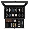 Uten Scatola Porta Orologi a 12 Scomparti, 2 Livelli Porta Orologi Legno, Coperchio in Vetro, Cuscino di Seta, Fodera Nero, Idea Regalo, Catola Portagioielli per Orologi Uomo e Donna