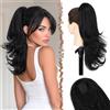 FESHFEN Estensione Coda di Cavallo Taglio Stratificato, Clip Pettine Coulisse Lunghe Ondulate Extension Capelli Sintetiche Parrucche per Donne, Nero 48cm