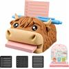 Explcior Animal Desk Organizer & Note Holder, Sticky Note Dispenser with Pen Rest, Reminder Card Slot and 3 Reusable Stencils, Cute 3D Printed Office Desk Accessory for Home School(Highland cow)