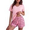 Bresdk Pigiama Donna Estivo Cotone Corto Eleganti Due Pezzi Estivi | Pantaloncini a Quadri Manica Corta Scollo a V