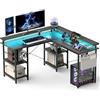 Aiorber Tavolo da gioco con LED e prese, scrivania angolare 140 × 140 cm | Ciabatta elettrica con USB, ripiani regolabili, gancio per cuffie, gestione dei cavi, a forma di L reversibile