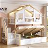 NNJN 90 x 200 + 140 x 200 cm, letto a castello con sottoletto idraulico, letto a soppalco in legno massiccio, con LED e scala portaoggetti, a forma di finestra, bianco + colore naturale