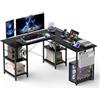 Aiorber Tavolo da gioco con LED e prese, scrivania angolare 140 × 140 cm | Ciabatta elettrica con USB, ripiani regolabili, gancio per cuffie, gestione dei cavi, a forma di L reversibile