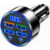 TEKFUSE Caricatore Auto 6-in-1 100W USB-C PD QC3.0 Display Digitale 12V 24V | 6 porte simultanee | PD + QC3.0 + 3.1A | monitor tensione | luce blu | ABS ignifugo | compatibile 12V & 24V