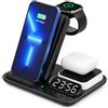 LORESJOY Caricatore Wireless 5 in 1 con Sveglia e Luce Notturna LED | Stazione di Ricarica 15W, Per iPhone 17/16/15/14/13/12, Samsung, AirPods, Apple Watch, Caricabatterie Pieghevole