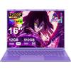 NOTODD PC Portatile Laptop 16 Pollici Notebook Celeron N5095 (fino a 2.9Ghz) | Win 11 Portatile 12+512GB 1TB SSD Espansione丨Supporto 5G WIFI丨Ventola di Raffreddamento丨1920 * 1200 2K Schermo Doppio-viola