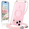 Niokfrci Magnetica Cover per iPhone 17 Pro con Cordino, Compatibile con MagSafe, Transparent Sottile Silicone Custodia Antiurto Bumper Case con Corda Collana Tracolla Laccio per iPhone 17 Pro, Rose