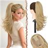 FESHFEN Estensione Coda di Cavallo Taglio Stratificato, Clip Pettine Coulisse Lunghe Ondulate Extension Capelli Sintetiche Parrucche per Donne, Biondo chiaro soleggiato 48cm
