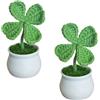 Magicherry Piante in vaso fatte a mano all'uncinetto, quadrifoglio, 2 pezzi, pianta artificiale lavorata a maglia, per San Patrizio, decorazione per auto, cruscotto, ufficio, scrivania, stile A verde