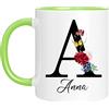 Naispanda Tazza personalizzata - Tazza con nome con motivo floreale-con la tua prima lettera e nome-Tazza da caffè per compleanno 11 Oz stampata su entrambi i lati-Regalo personalizzato per le donne-Verde