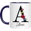 Naispanda Tazza personalizzata - Tazza con nome con motivo floreale-con la tua prima lettera e nome-Tazza da caffè per compleanno 11 Oz stampata su entrambi i lati-Regalo personalizzato per le donne-Navy