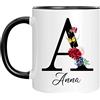 Naispanda Tazza personalizzata - Tazza con nome con motivo floreale-con la tua prima lettera e nome-Tazza da caffè per compleanno 11 Oz stampata su entrambi i lati-Regalo personalizzato per le donne-Nero