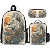 WECECE Zaino Scuola Lion Ragazze con Portapranzo e Astuccio, Set Zaini Animal King Studenti 7-13 Anni per Primaria e Media