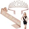 HAUZMLL Fascia e diadema per 18° compleanno, in oro rosa, diadema regina e fascia per ragazze, decorazioni di compleanno, accessori per capelli, set glitterato per feste