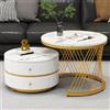 MURUL Elegante set di 2 tavolini bianchi a forma di nido, 60 x 60 x 46 cm e 50 x 50 x 30,8 cm, tavolini rotondi con effetto marmo lucido, 2 cassetti (oro)