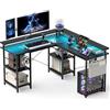 Aiorber Tavolo da gioco con LED e prese, scrivania angolare 140 × 140 cm | Ciabatta elettrica con USB, ripiani regolabili, gancio per cuffie, gestione dei cavi, a forma di L reversibile