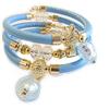 VENEZIA CLASSICA - Bracciale da Donna con perle in Vetro di Murano Originale e vera pelle Toscana a tre giri azzurro, con foglia in oro 24kt e argento, Made in Italy certificato