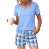 Bresdk Pigiama Donna Estivo Cotone Corto Eleganti Due Pezzi Estivi | Pantaloncini a Quadri Manica Corta Scollo a V