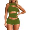 Generisch Completo da donna Techno, top sexy da donna, top scoperto sulla pancia, canotta corta Y2k, due pezzi, con pantaloni caldi, set da spiaggia e pantaloncini, set da discoteca, con cut-out