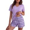 Bresdk Pigiama Donna Estivo Cotone Corto Eleganti Due Pezzi Estivi | Pantaloncini a Quadri Manica Corta Scollo a V