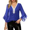 Generic Camicia a rete da donna con paillettes argento e oro, maniche a tre quarti e scollo a V, camicia leggera di carnevale