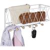 Relaxdays Portachiavi da Muro con Mensola, Accessorio 2in1, Metallo & Legno, Ganci Appendiabiti e Contenitore, Bianco