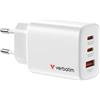 Verbatim Essentials GaN Charger 65 W, 2 porte USB-C PD 3.0, 1 porta USB-A QC 3.0, caricatore rapido per Apple MacBook, notebook, iPad, iPhone 15 - iPhone 17, Samsung, bianco