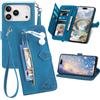 Fofvccv Custodia Portafoglio per Apple iPhone 18 Pro Max SZY Blu | Cover a Libro in Pelle PU conTasca Zip Porta Carte Cinturino da Polso Supporto Antiurto Motivo Fiori per iPhone 17 Pro Max