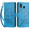 SIENIANLINE Cover per Samsung Galaxy A20e / A10e custodia portafoglio Farfalla - Blu | 3 scomparti carte, 1 tasca banconote, Chiusura magnetica, Supporto, Pelle PU flip cover per Samsung A20e