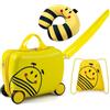 COSTWAY Set Valigia Cavalcabile 16", Zaino e Cuscino Collo per Bambini | Trolley Rigido con 4 Ruote, Manico e Cinghia Traino, Valigietta a Mano per Viaggio, Bagaglio Aereo con Motivo di Animali Api